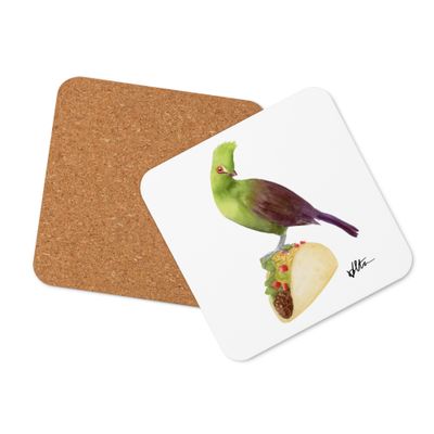 Turaco on a Taco - Watercolor Bird on Snack - Cork-back coaster 