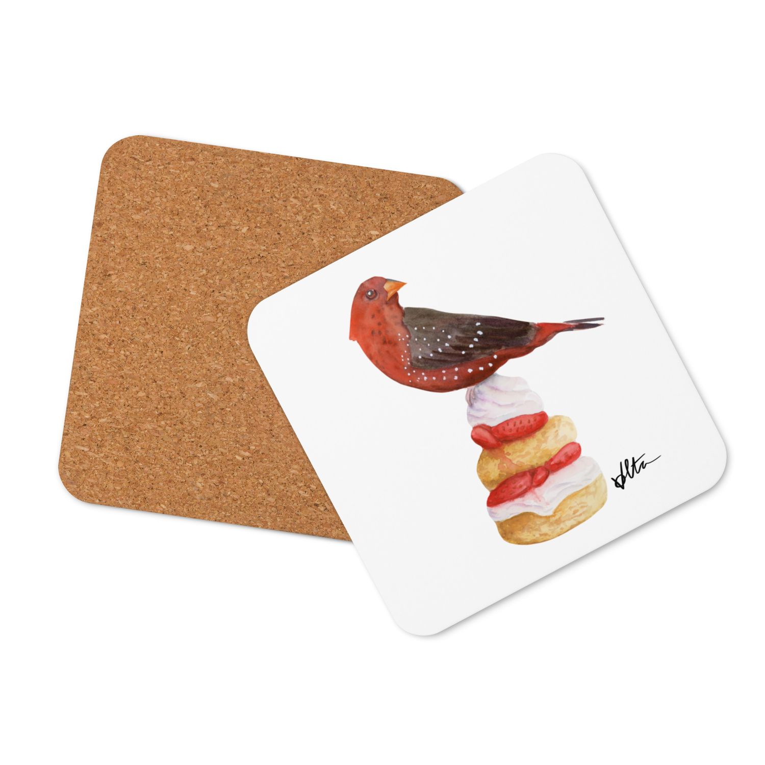 Strawberry Finch on a Strawberry Shortcake: Watercolor Bird on a Snack  - Cork-back coaster