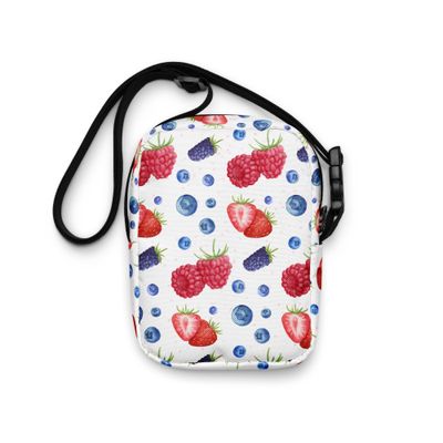 Give Me All The Berries - Utility crossbody bag with watercolor strawberries, raspberries, blueberries and blackberries