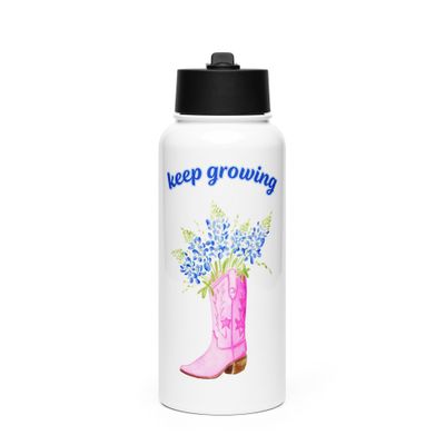 Watercolor Bluebonnet Cowgirl Boot - Stainless steel water bottle with a straw lid