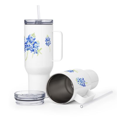 Watercolor Bluebonnets Travel mug with a handle