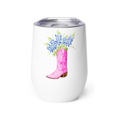 Watercolor Bluebonnet Pink Cowboy Boot Wine tumbler