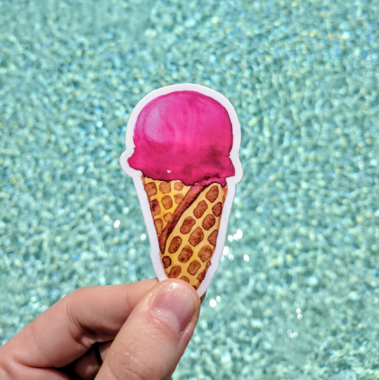 Pink Ice Cream Cone - Durable Vinyl Sticker - Watercolor Illustration