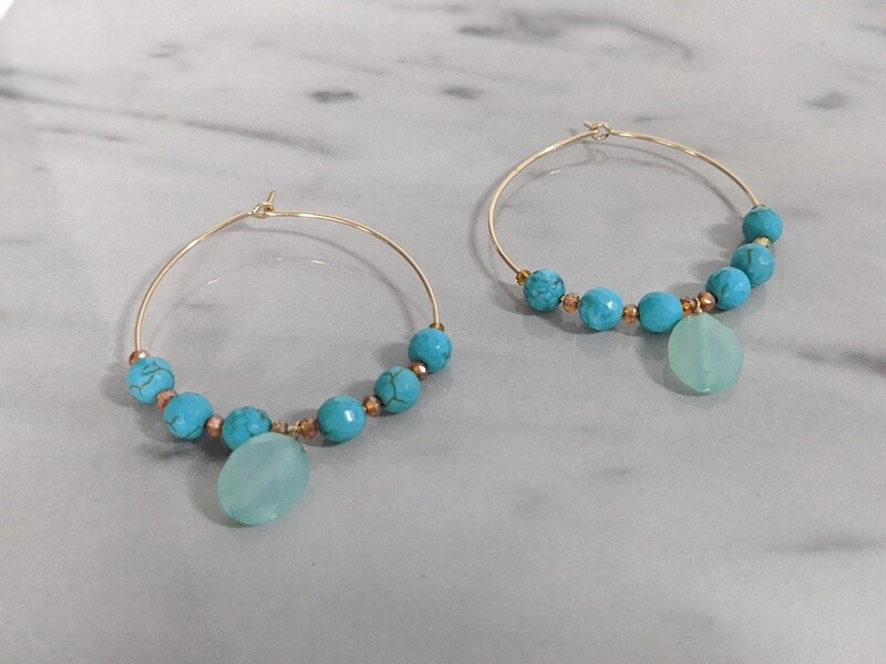 Chalcedony and Turquoise Gold Filled Hoops