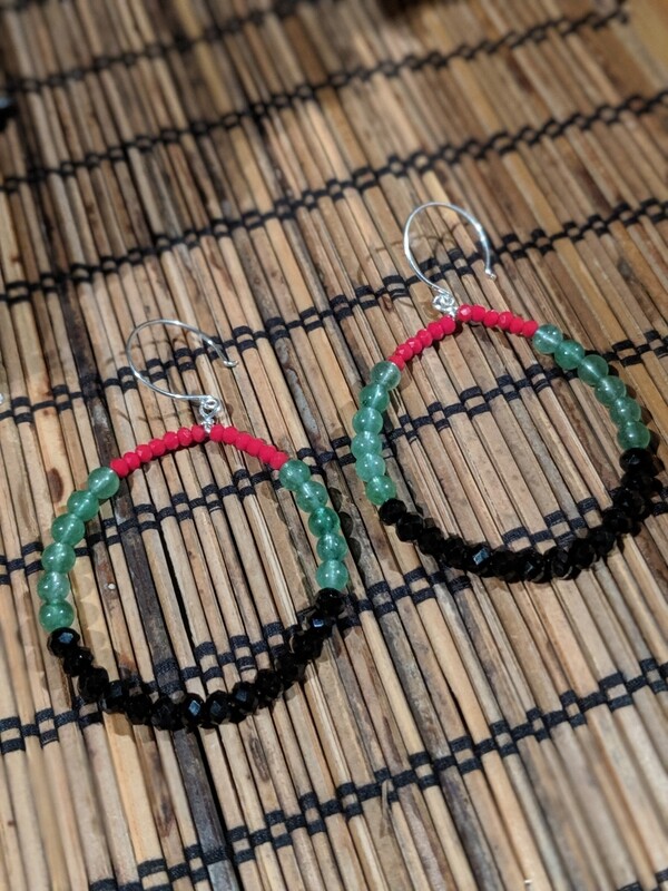Black, Red and Green beaded hoops