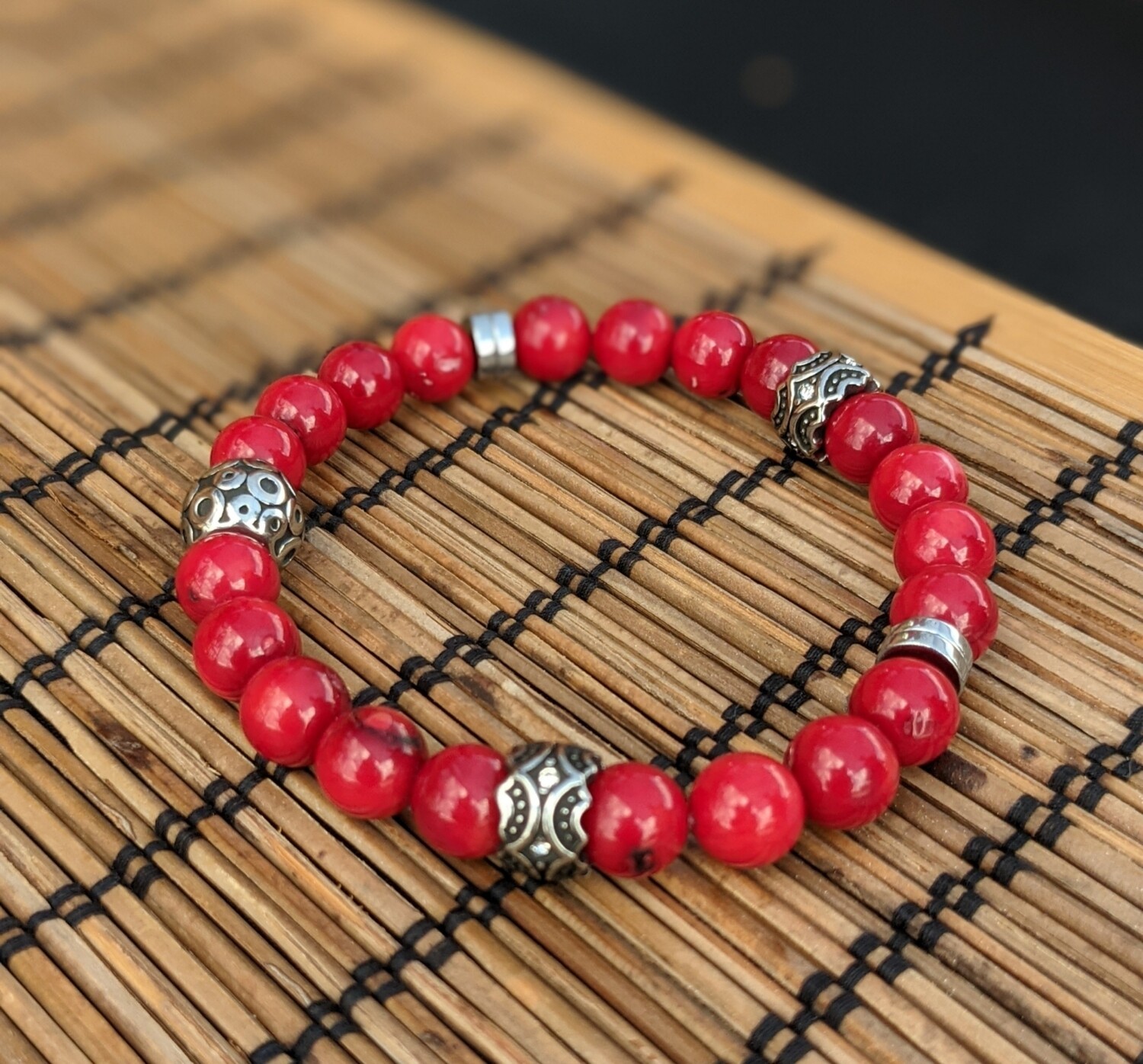 Red Coral silver accent beaded unisex bracelet