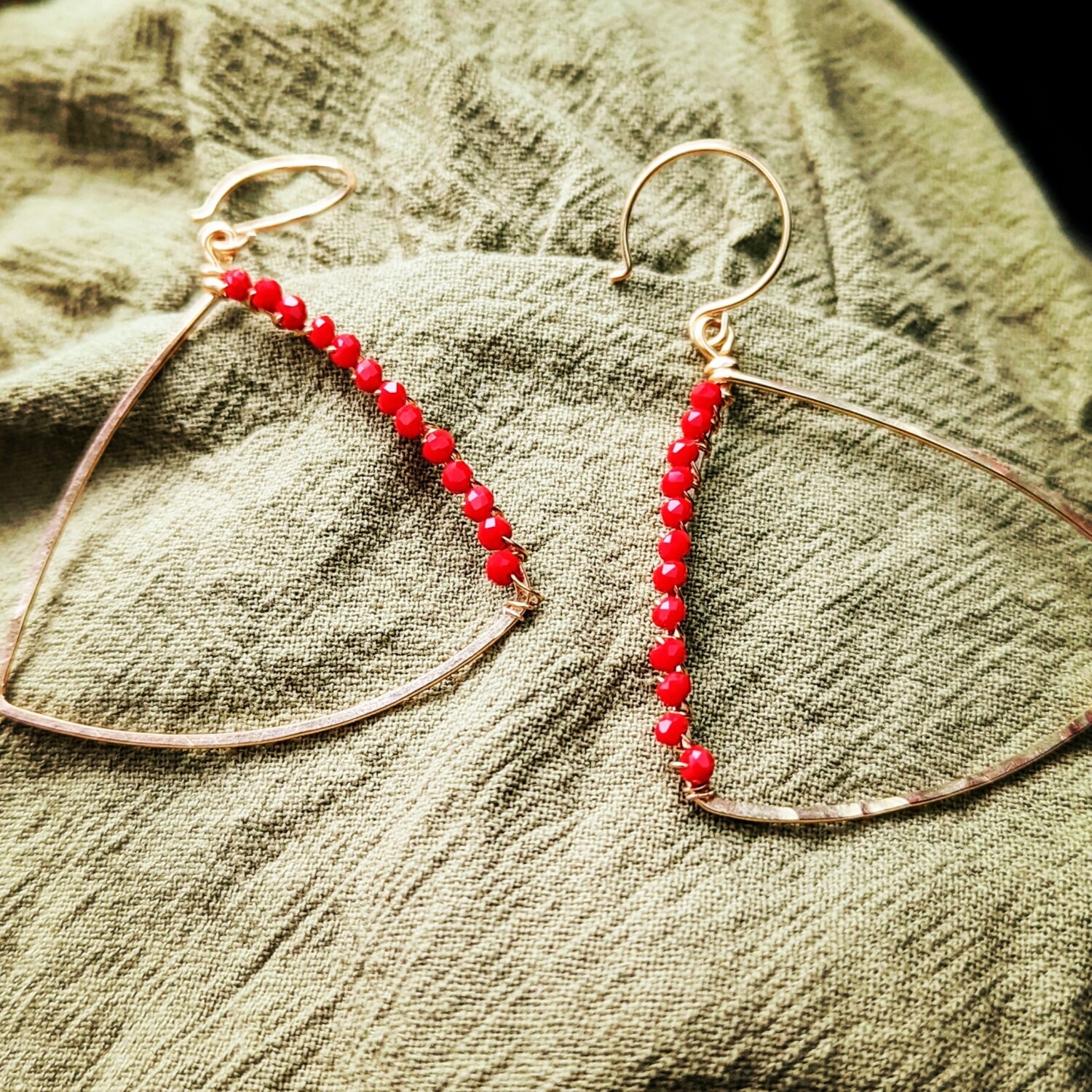 Red beaded gold filled triangle hoops