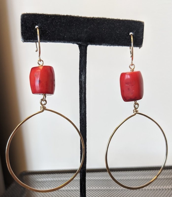 Red Coral Gold Filled Hoop Earrings