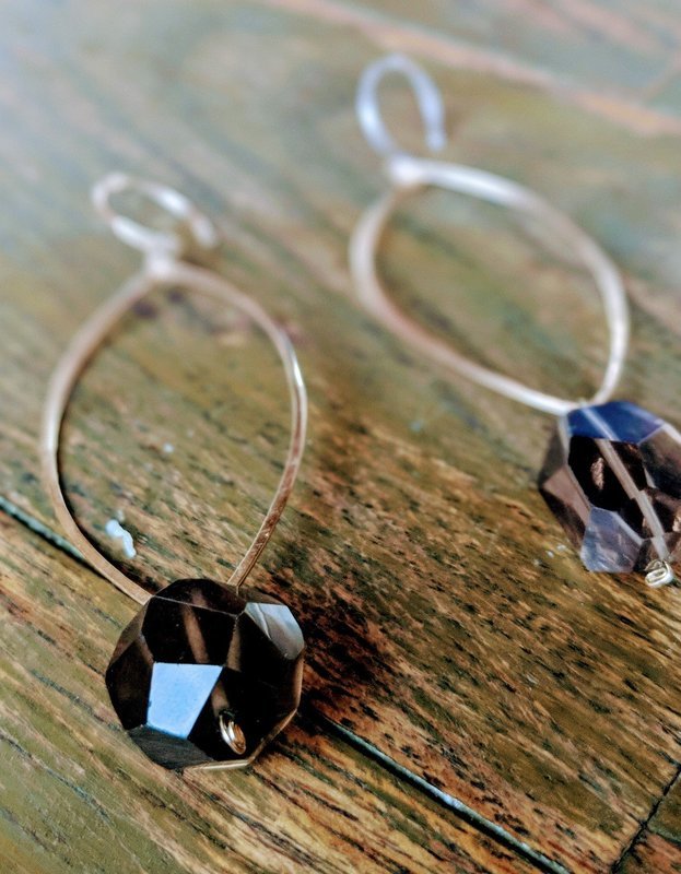 Smoky Quartz on Gold Filled Oblong Hoops