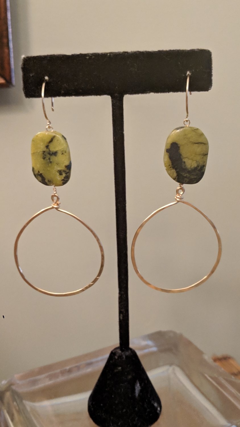 Green Jasper Hand Hammered Gold Filled hoops