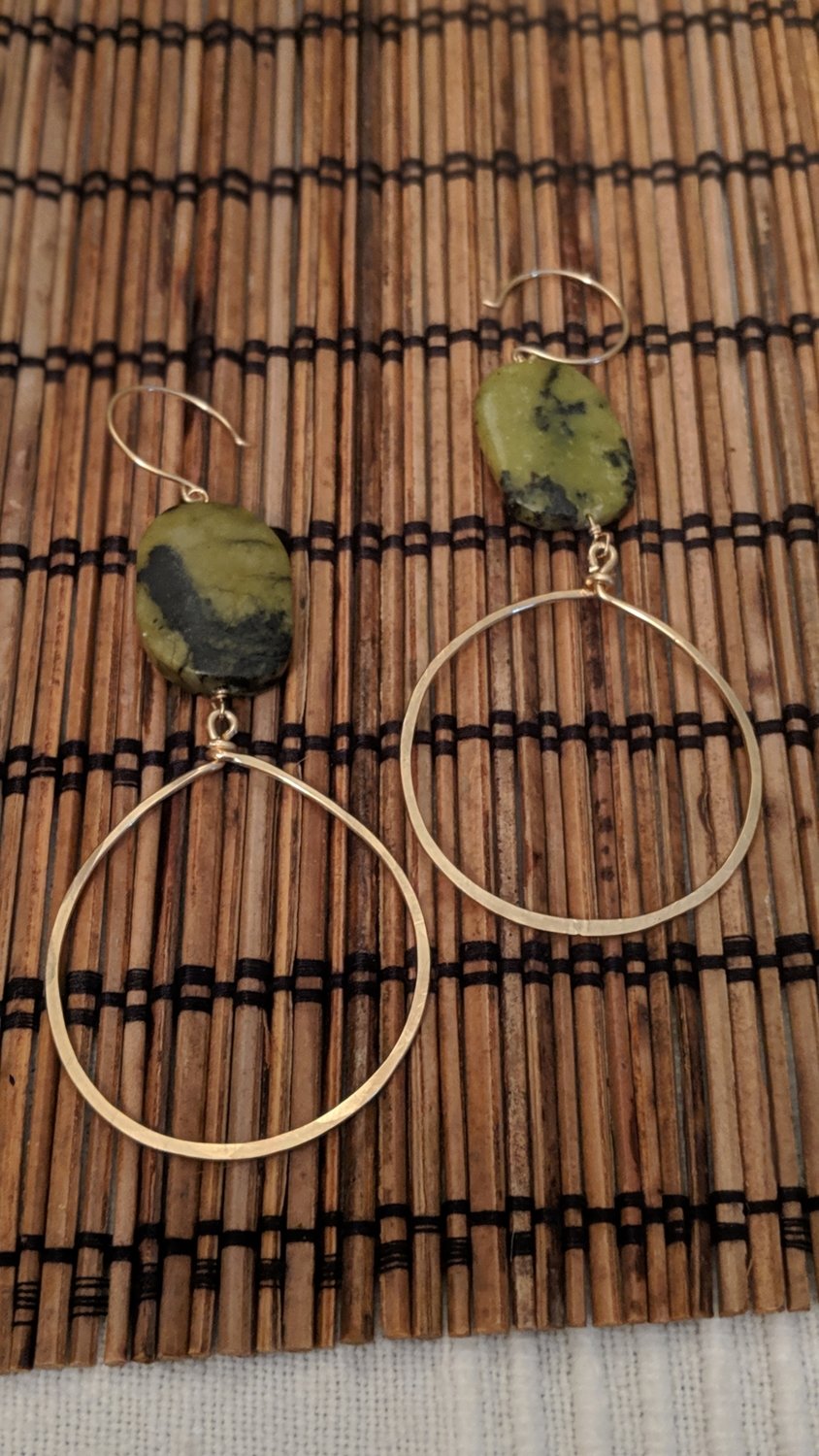 Green Jasper Hand Hammered Gold Filled hoops