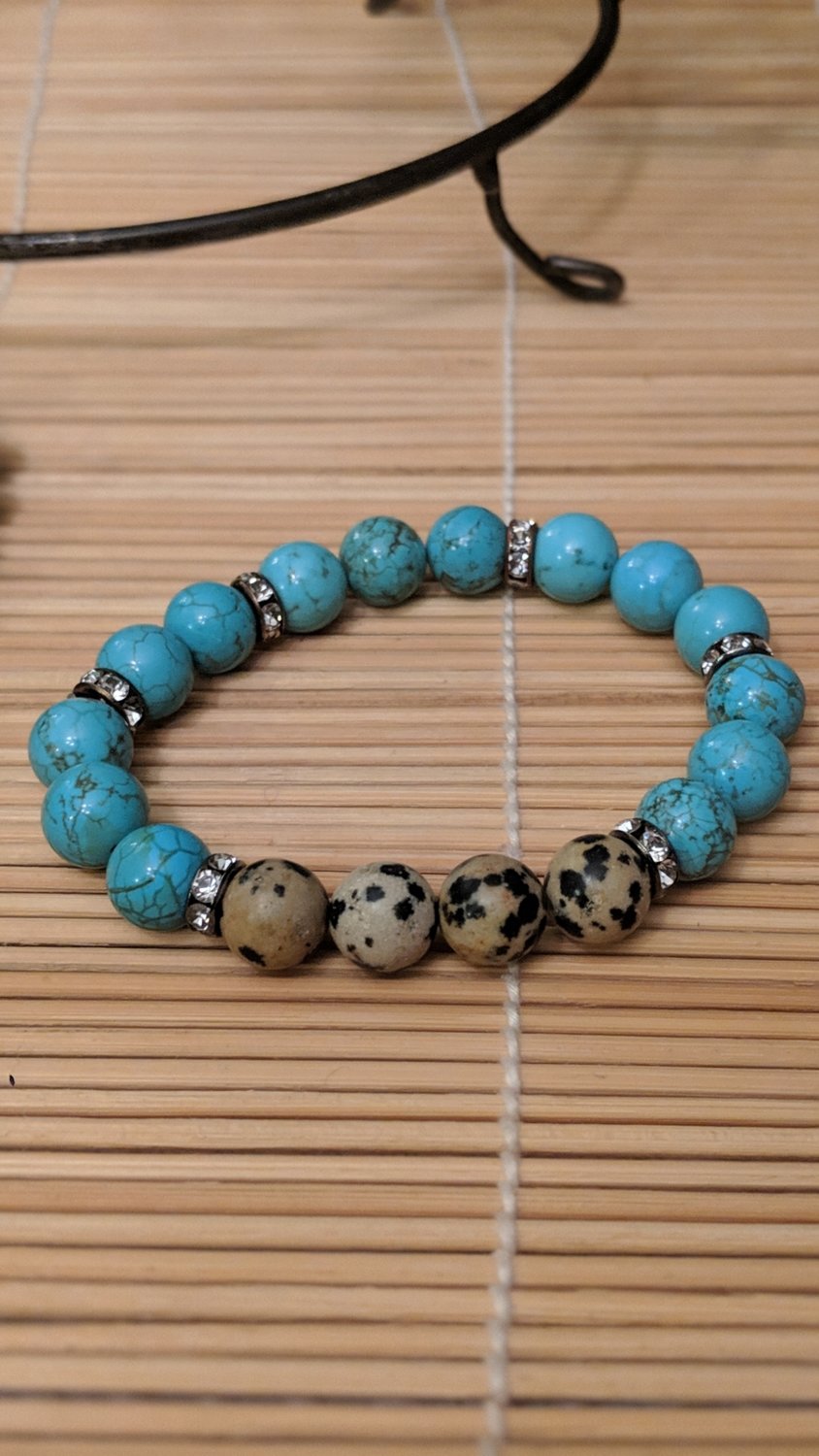 Turquoise and Crystal Pave and Dalmatian Jasper beaded bracelets