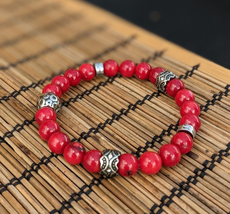 Red Coral and Silver accent beads ~unisex Braclet