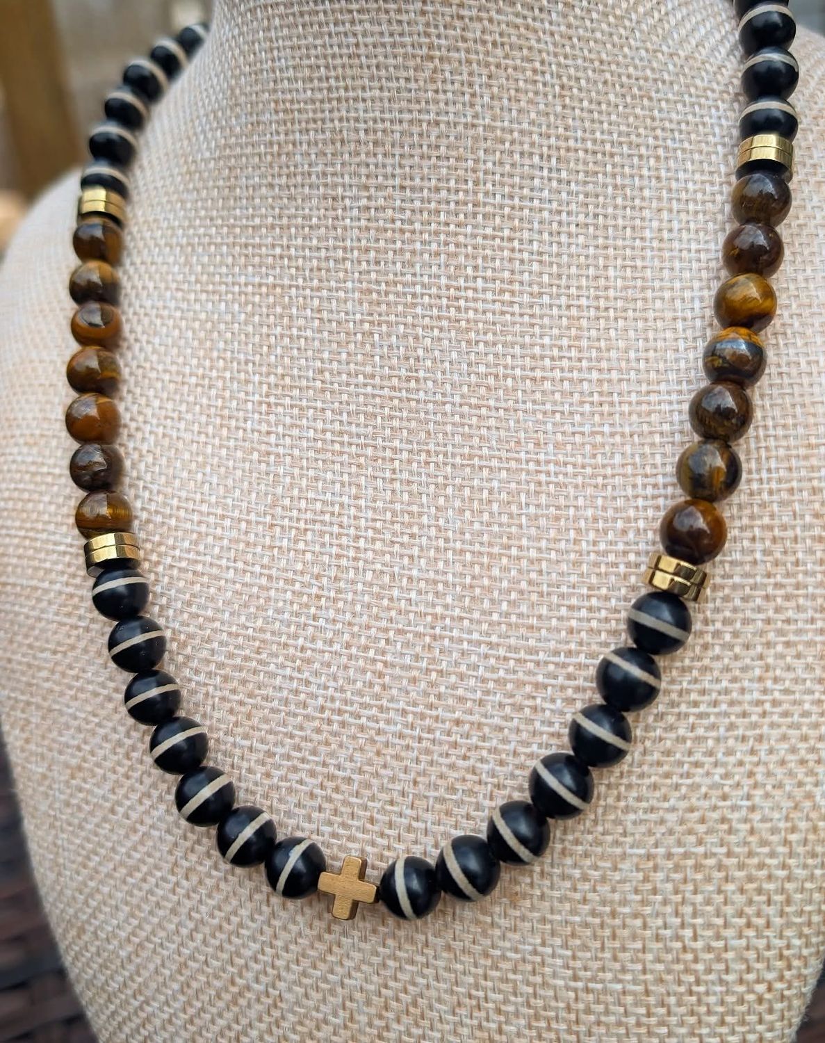 Tigers Eye and Black Agate Cross Necklace
