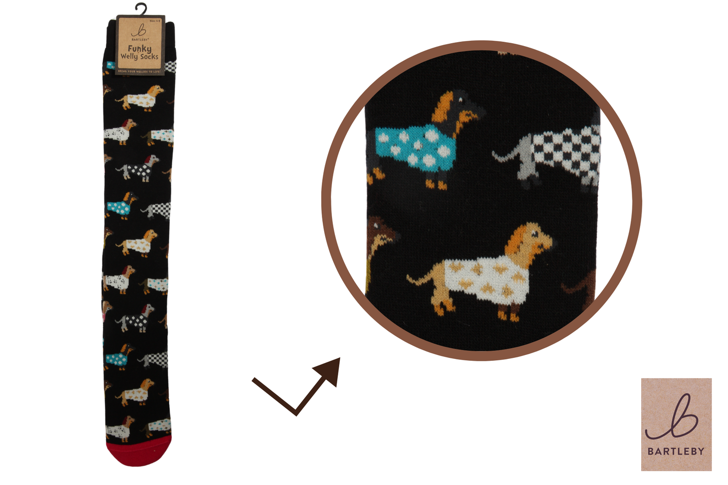 FUNKY WELLY SOCKS -   TRENDY DACHSHUND, SIZE 4-7