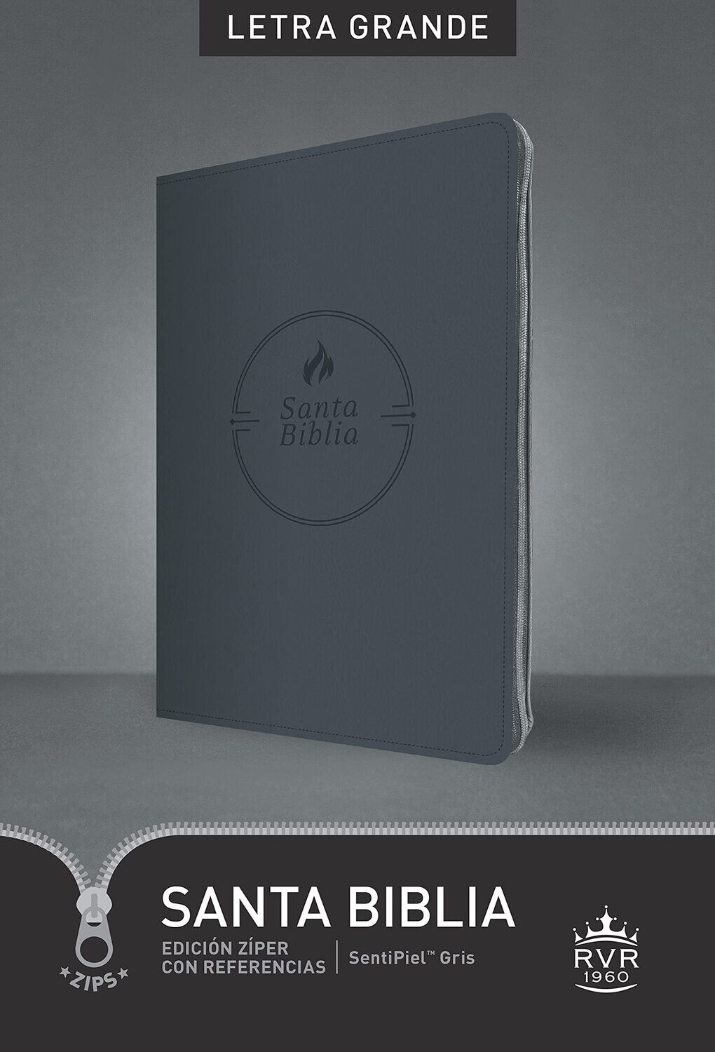 Biblia RVR60, Edición zíper con referencias, letra grande SentiPiel, Gris (FreeShipping)
