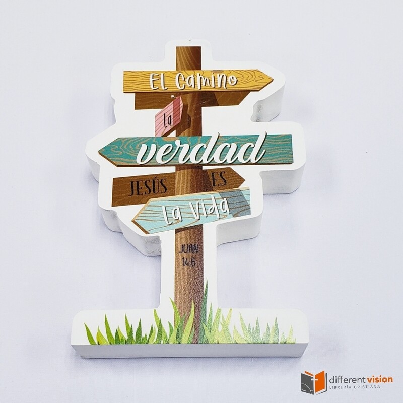 Plaqué de madera con forma de encrucijada. El camino, la verdad y la vida
