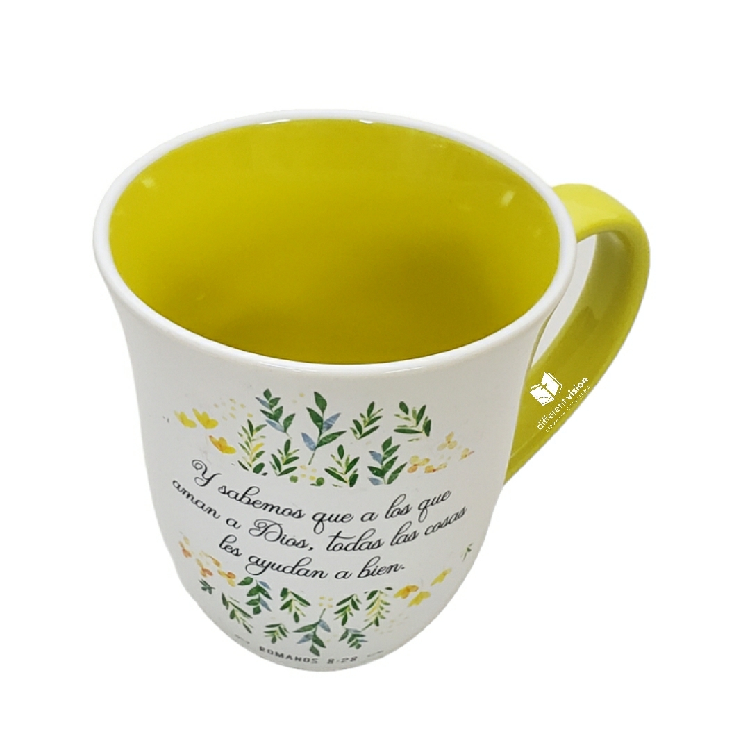 Taza grande: Colección Primavera - Romanos 8:28 (Los que aman a Dios)