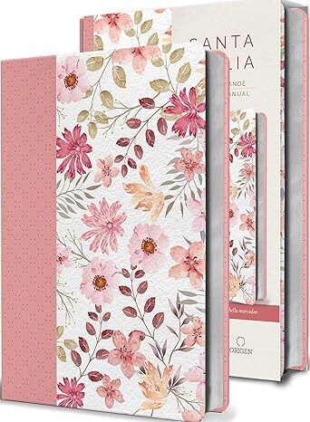 Biblia RVR 1960 Tamaño manual, letra grande, piel rosada con flores y marcador (FreeShipping)