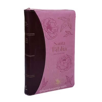 Biblia RVR1960 tamaño manual, piel sintética, color rosa con flores, con zipper (Free Shipping)