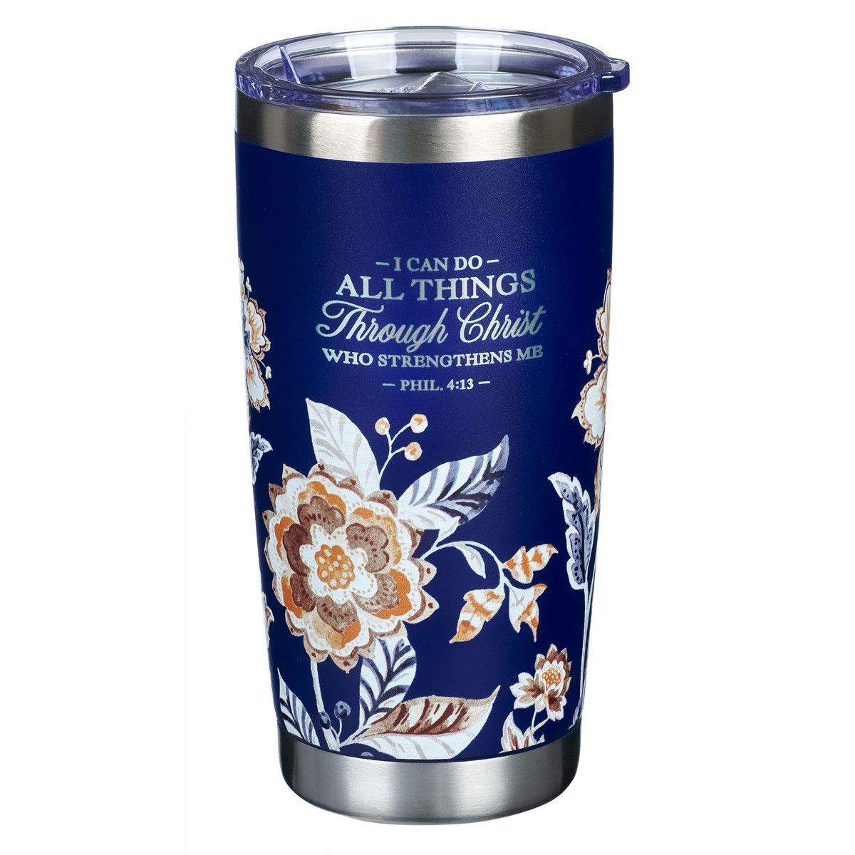 Vaso de acero inoxidable azul con flores (Todo lo puedo en Cristo)