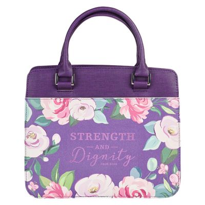 Cover (Medium) para Biblia estilo cartera/Bolso, floral violeta, Fuerza y Dignidad Proverbios 31:25