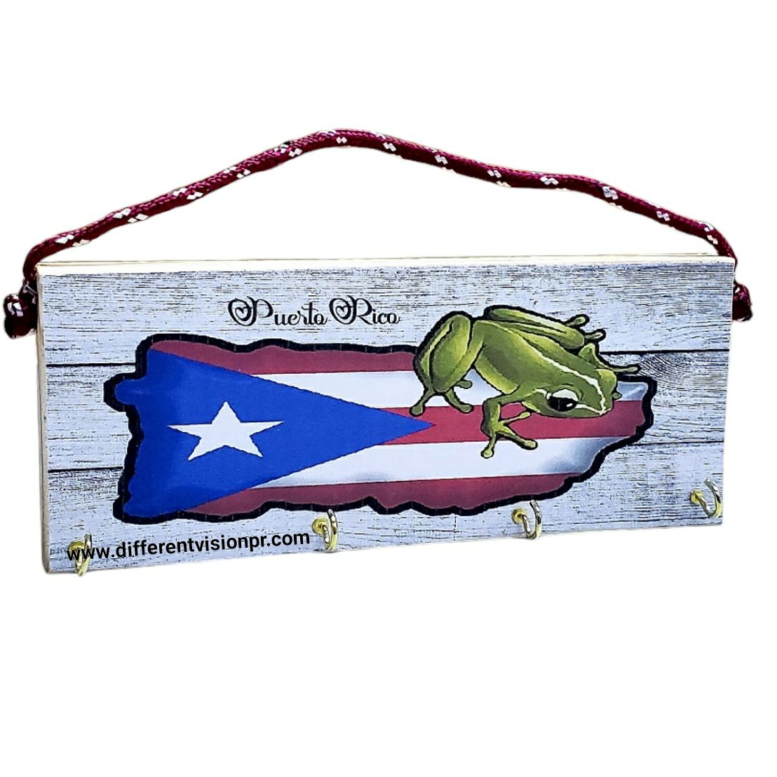 Artesanía P.R. puerta llave de madera (Coquí con bandera)