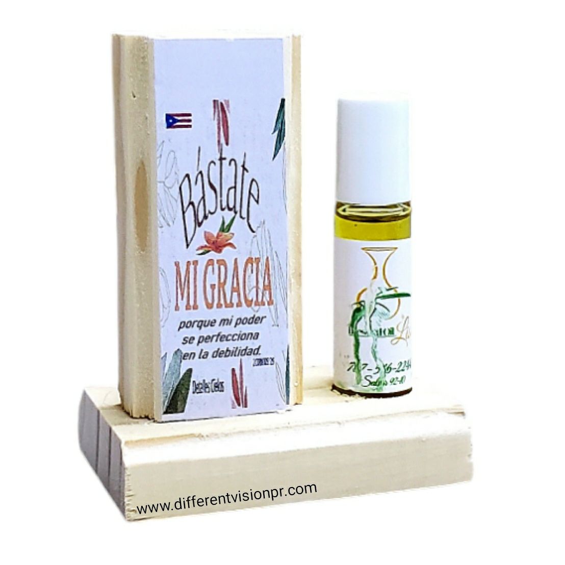 Artesanía P.R. Aceite ungir (roll-on) con base de madera.