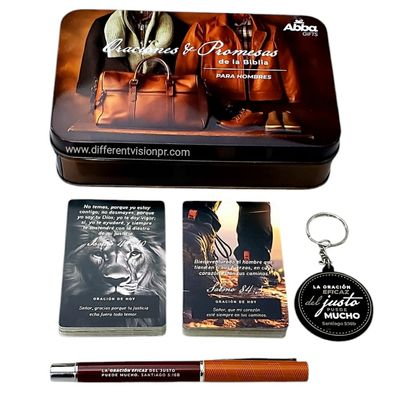 Caja Metálica de Llavero, Bolígrafo y Tarjetas/Oraciones y Promesas de la Biblia para Hombres
