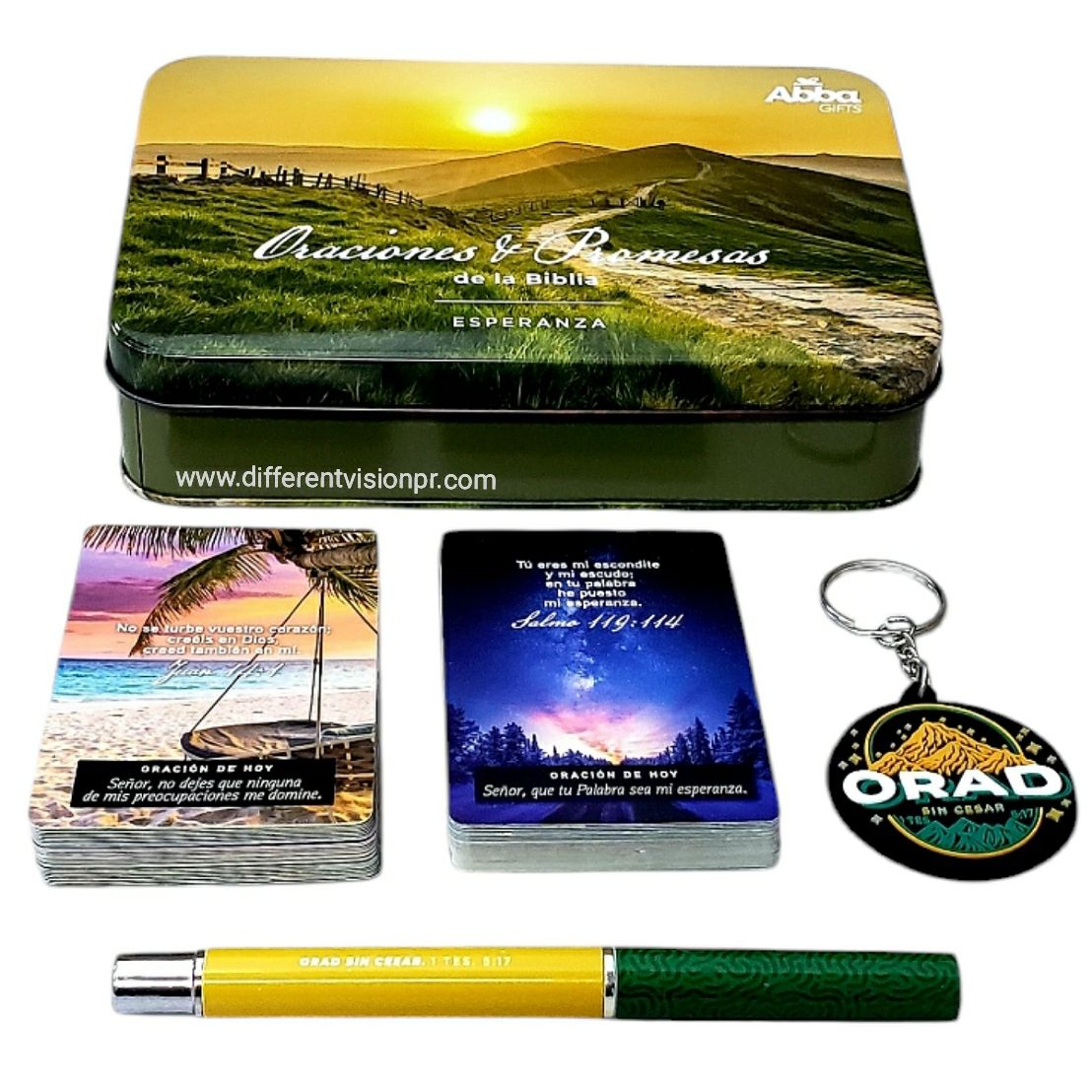 Caja Metálica de Llavero, Bolígrafo y Tarjetas/Oraciones y Promesas de la Biblia Esperanza