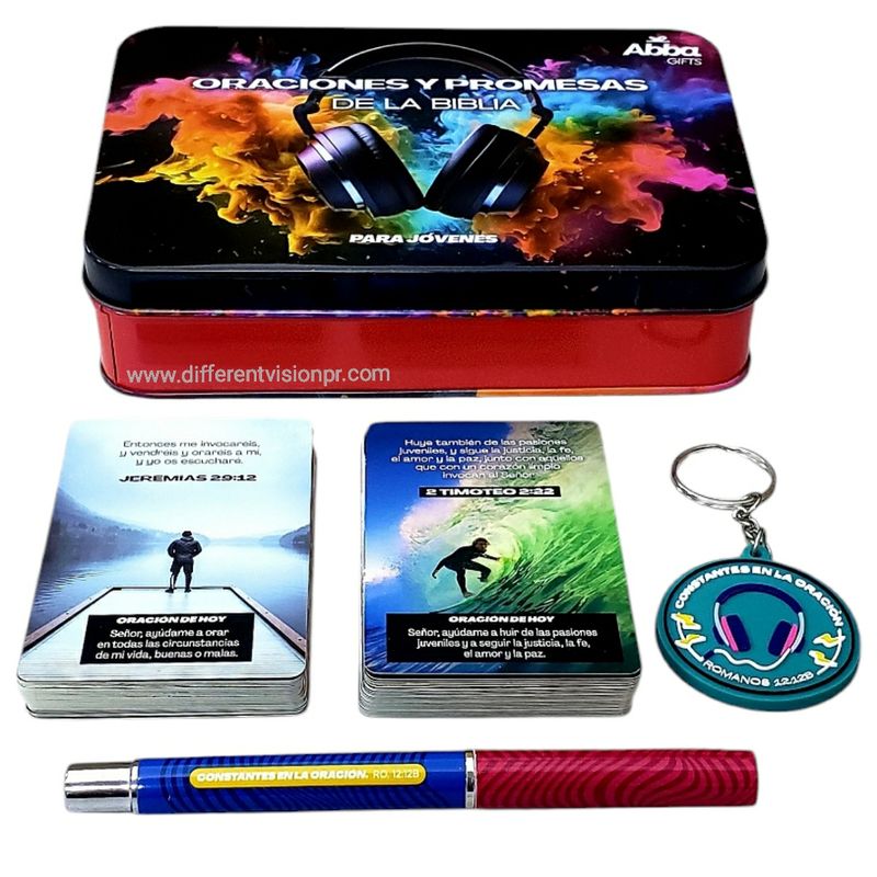 Caja Metálica de Llavero, Bolígrafo y Tarjetas/Oraciones y Promesas de la Biblia para Jóvenes