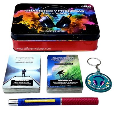 Caja Metálica de Llavero, Bolígrafo y Tarjetas/Oraciones y Promesas de la Biblia para Jóvenes