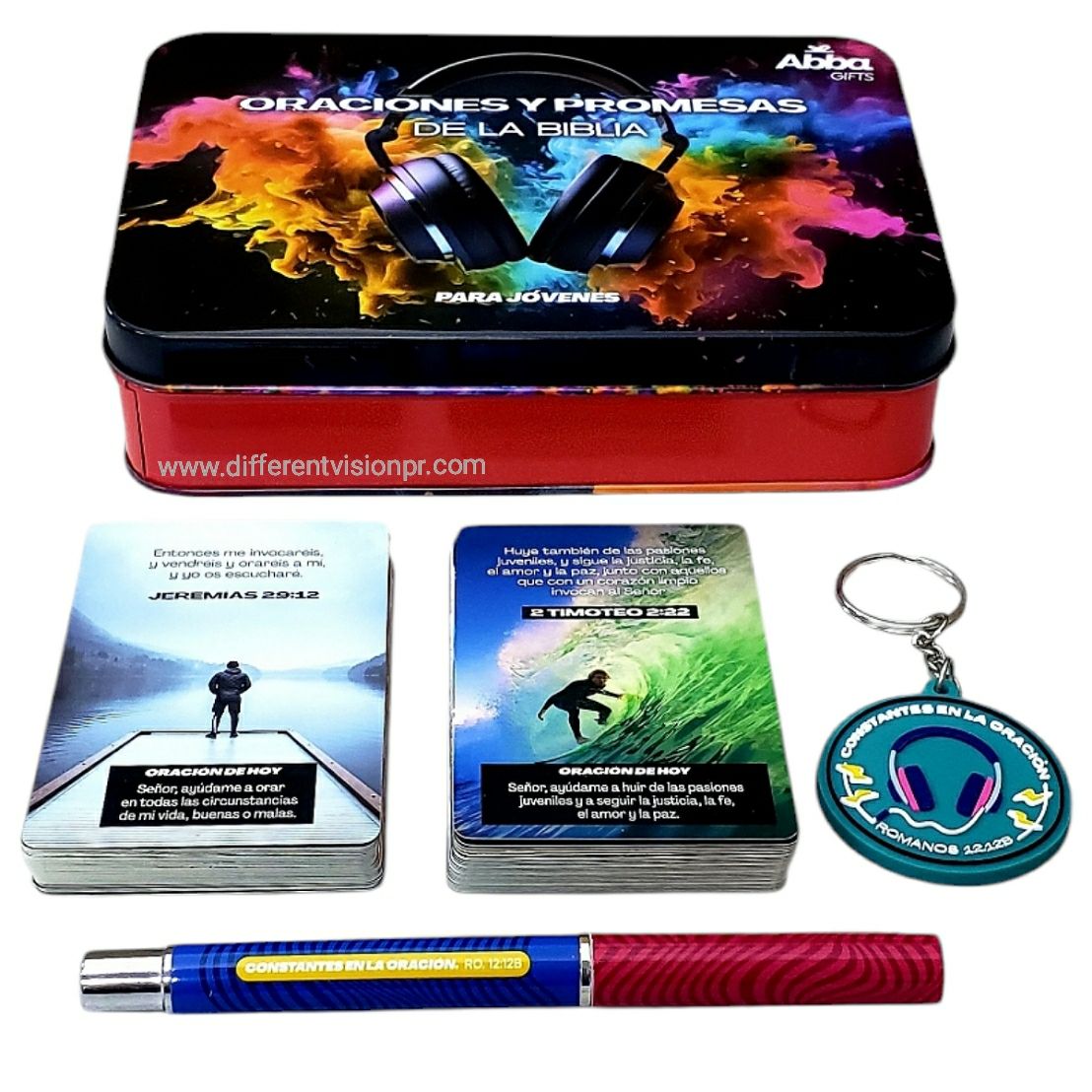 Caja Metálica de Llavero, Bolígrafo y Tarjetas/Oraciones y Promesas de la Biblia para Jóvenes