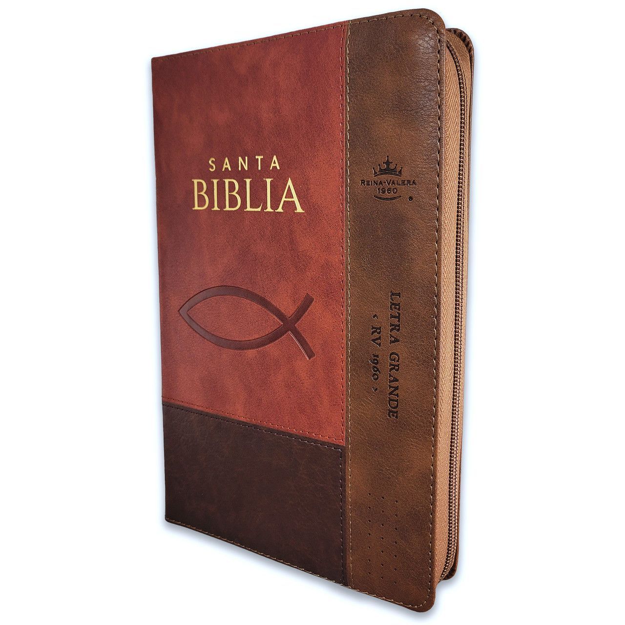 Biblia RV1960 con Cierre, Letra Grande, imit piel café Pez con índice (Free Shipping)