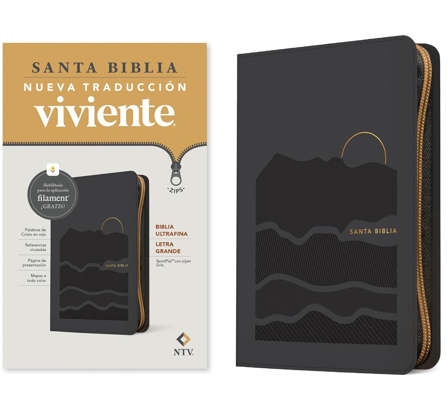 Biblia NTV Ultrafina, Letra grande de zíper, SentiPiel  Gris, (Free Shipping)
