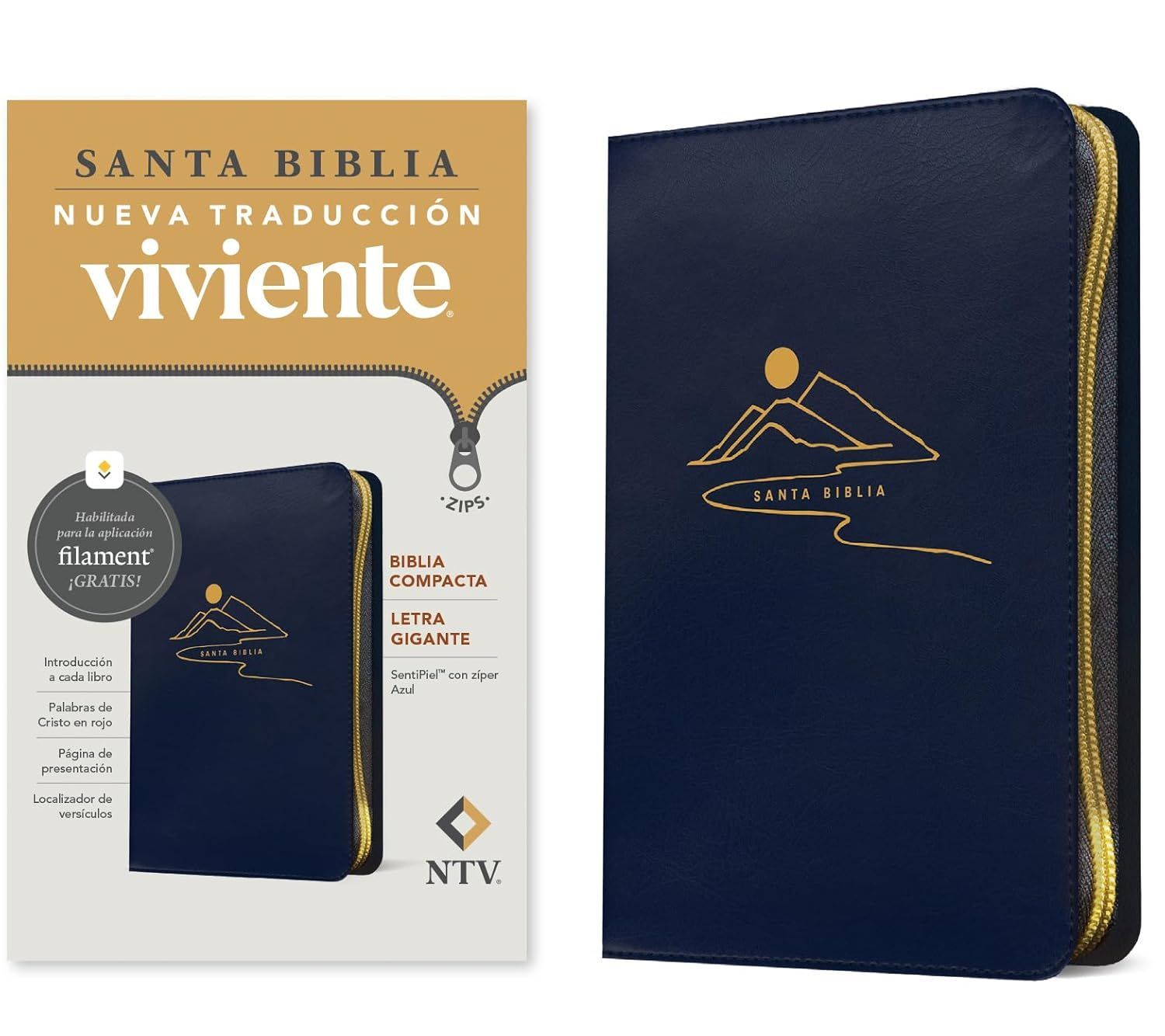 Biblia NTV compacta, letra gigante de zíper con Filament, SentiPiel azul  (Free Shipping)