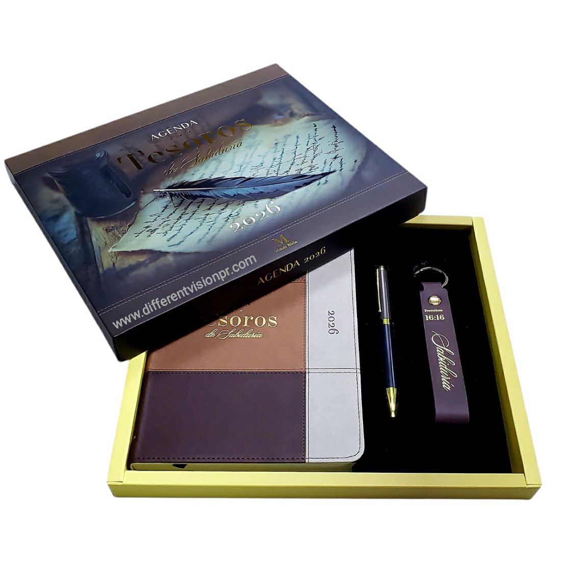 Agenda 2026, Bolígrafo, y Llavero con Caja de Lujo: Tesoros de Sabiduría, imit piel café