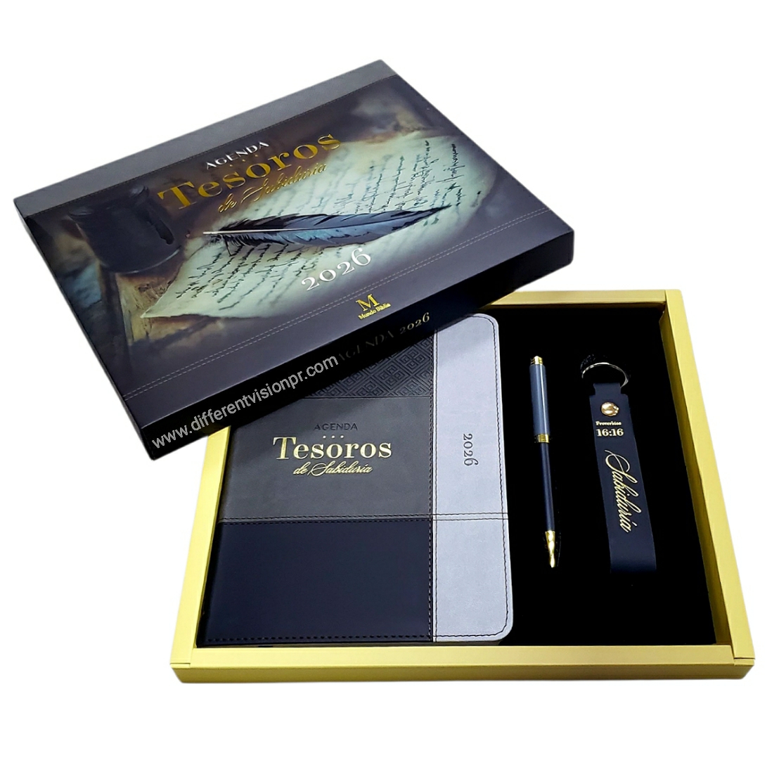Agenda 2026, Bolígrafo, y Llavero con Caja de Lujo: Tesoros de Sabiduría, imit piel Gris