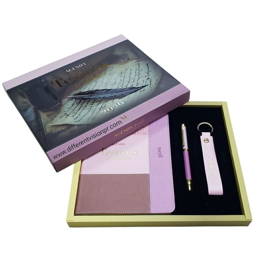 Agenda 2026, Bolígrafo, y Llavero con Caja de Lujo: Tesoros de Sabiduría, imit piel Rosa