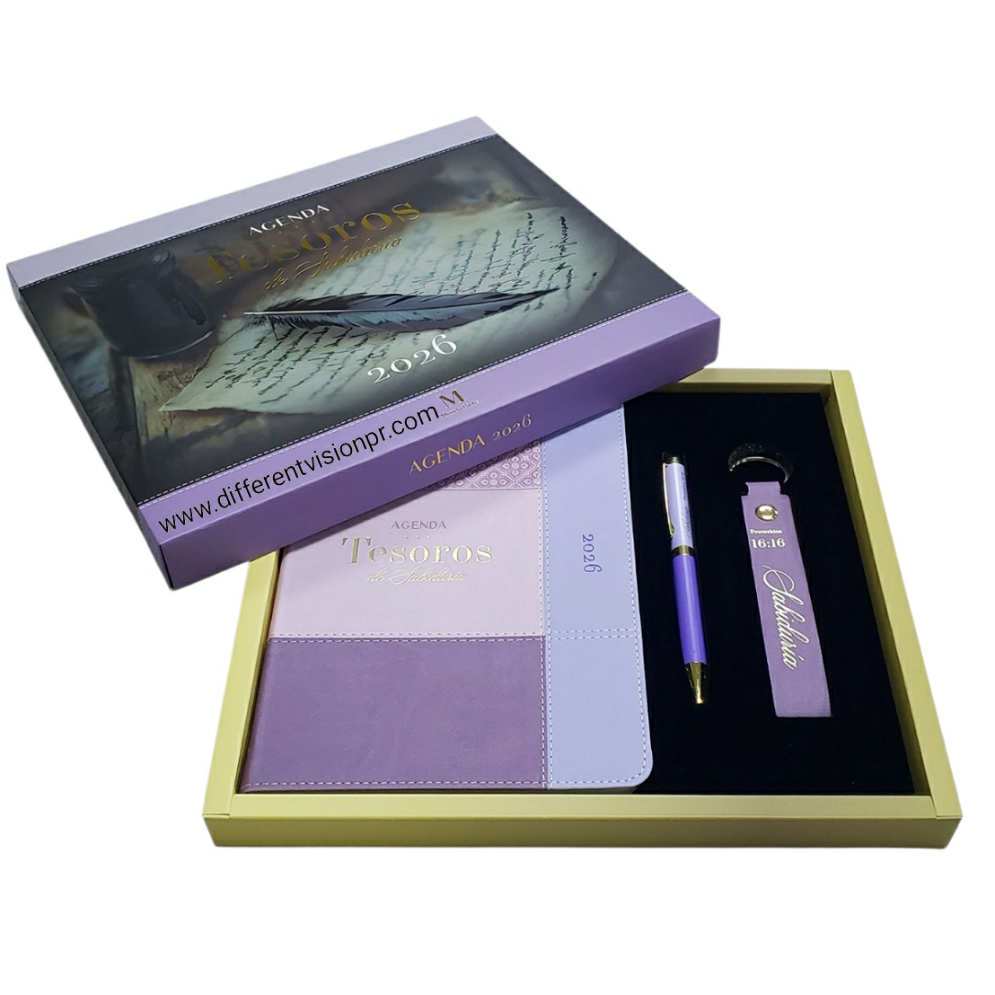 Agenda 2026, Bolígrafo, y Llavero con Caja de Lujo: Tesoros de Sabiduría, imit piel lila