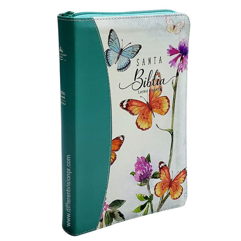 Biblia RVR60 Tamaño manual Letra Grande /piel cierre/índice Mariposas Turquesa (Free Shipping)