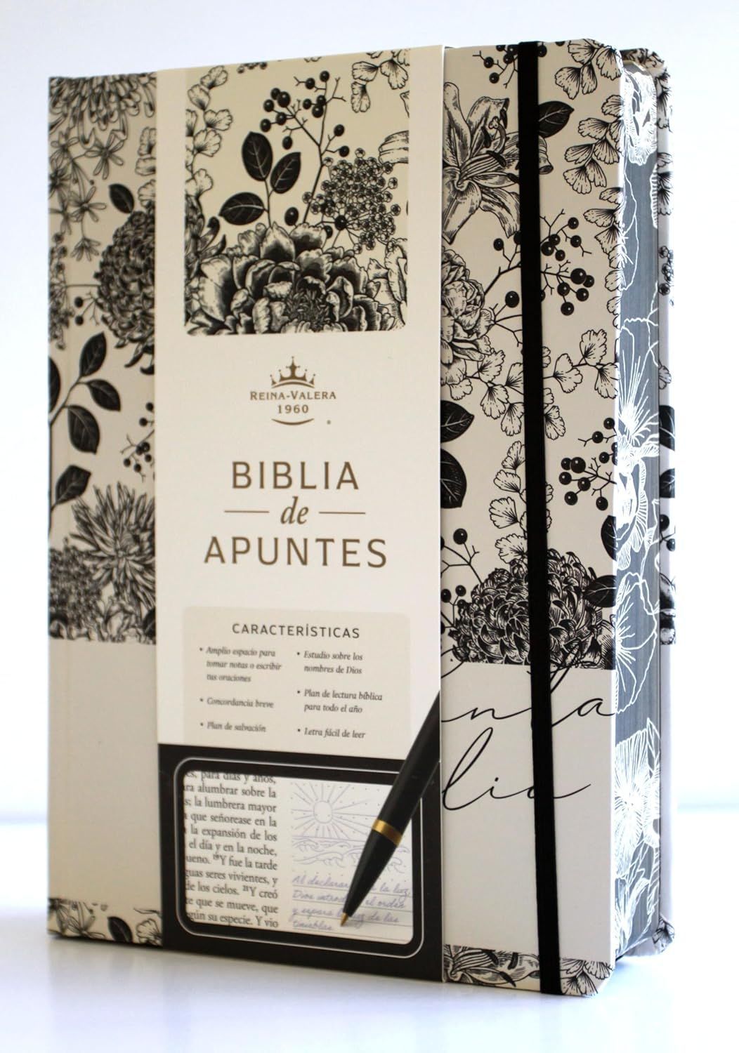 Biblia de Apuntes RVR 1960 Tapa dura, Blanco y negro con flores, Edición cantos pintados (Free Shipping)