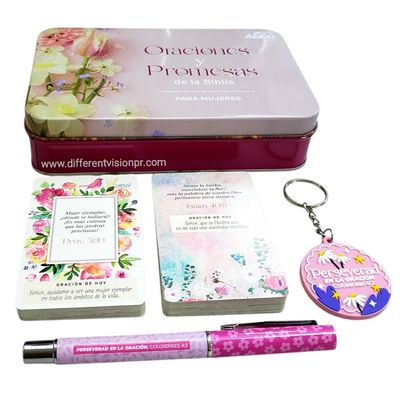 Caja Metálica de Llavero, Bolígrafo y Tarjetas/Oraciones y Promesas de la Biblia para Mujeres