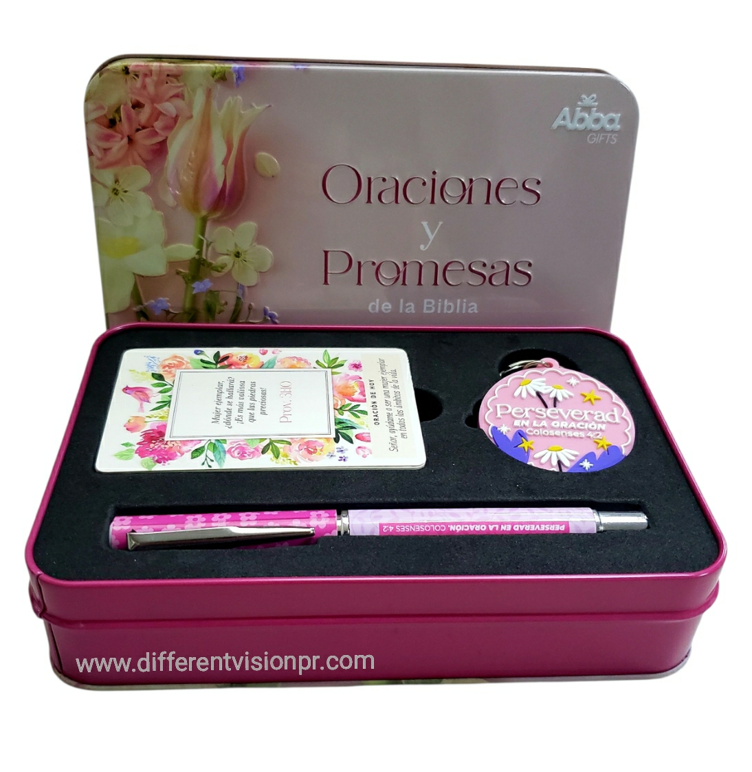 Caja Metálica de Llavero, Bolígrafo y Tarjetas/Oraciones y Promesas de la Biblia para Mujeres