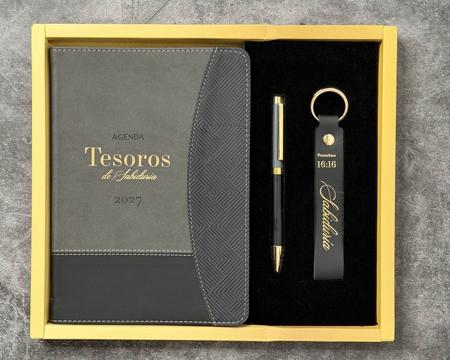 Agenda 2027, Bolígrafo, y Llavero con Caja de Lujo: Tesoros de Sabiduría, imit piel Negro,Gris ( Free Shipping)