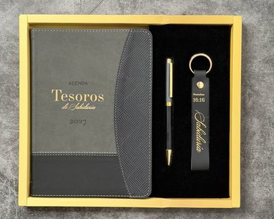 Agenda 2027, Bolígrafo, y Llavero con Caja de Lujo: Tesoros de Sabiduría, imit piel Negro,Gris ( Free Shipping)