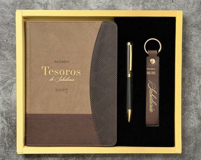 Agenda 2027, Bolígrafo, y Llavero con Caja de Lujo: Tesoros de Sabiduría, imit piel café (Free Shipping)