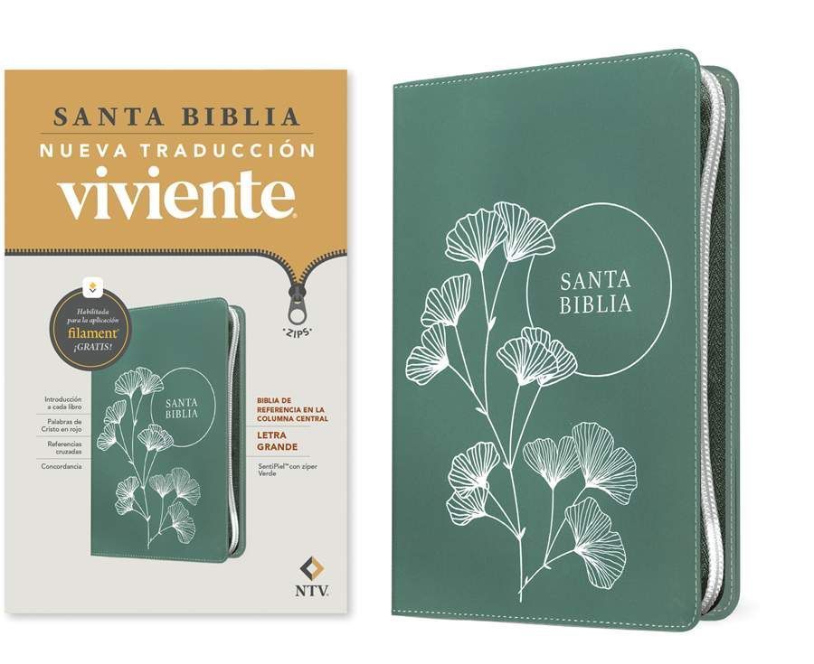 Biblia de referencia en la columna central NTV, letra grande de zíper con Filament, SentiPiel, Verde (Free Shipping)