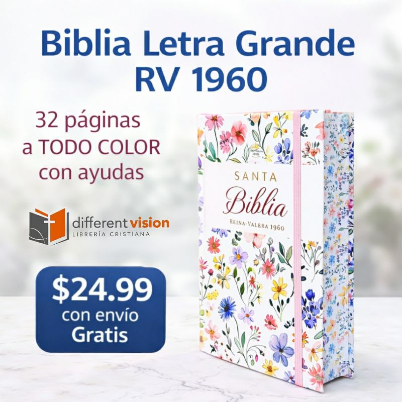 Biblia RVR60 Tamaño manual Letra Grande Tapa dura con elástico: Primavera Blanca (Free Shipping)