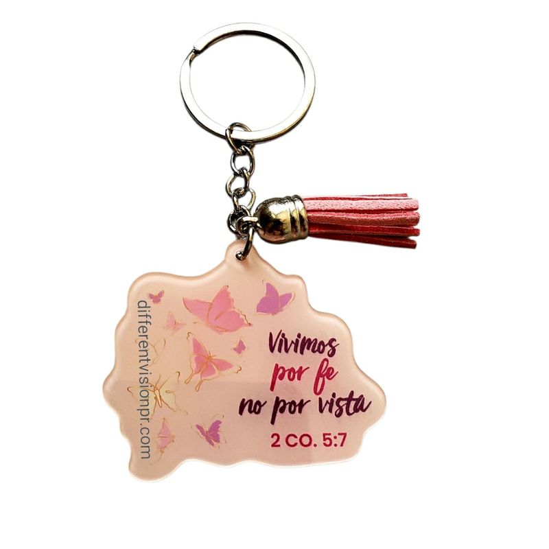Llavero acrílico con pon pon decorativo - Vivimos por Fe